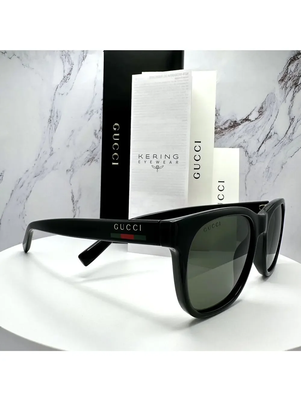New GUCCI Sunglasses Black 54mm Square Gold Letter Logo Red Green Web Mens